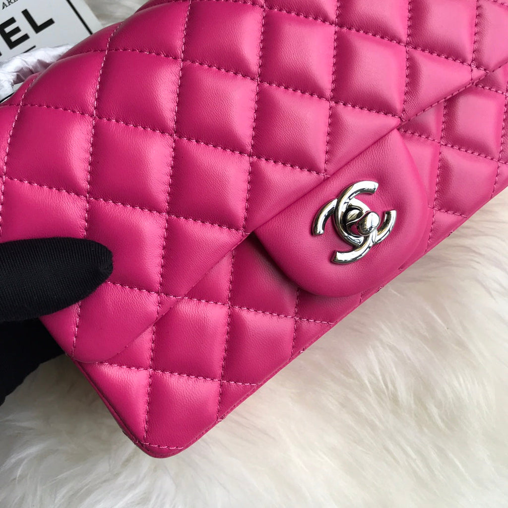 CHANEL 20 CLASSIC SMALL DOUBLE FLAP BAG IN DEEP PINK CALFSKIN
