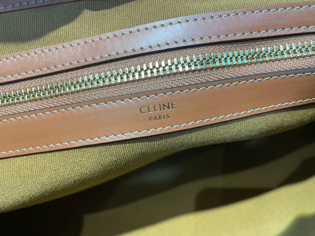 CELINE 25S HORIZONTAL CABAS 43MM IN BLACK TRIOMPHE CANVAS AND TAN BROWN CALFSKIN