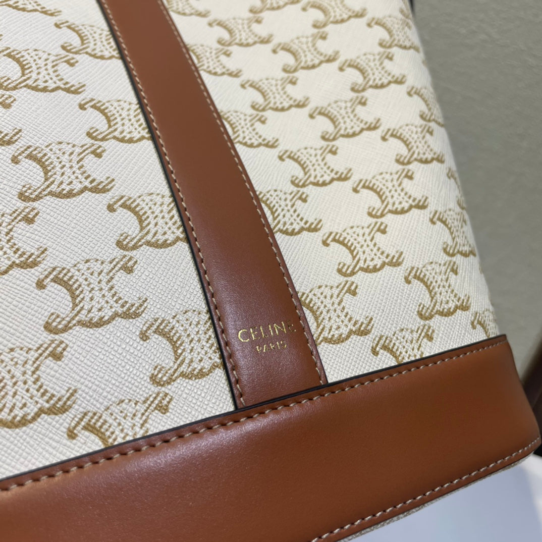 CELINE BUCKET 30 IN WHITE TRIOMPHE CANVAS AND RED BROWN CALFSKIN TRIM