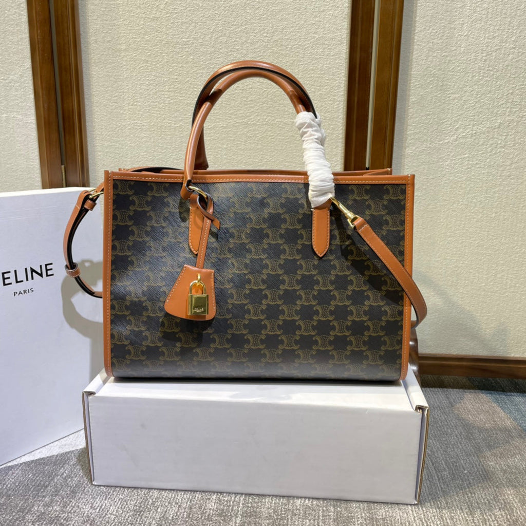 CELINE 25S HORIZONTAL CABAS 34MM IN BLACK TRIOMPHE CANVAS AND BROWN CALFSKIN