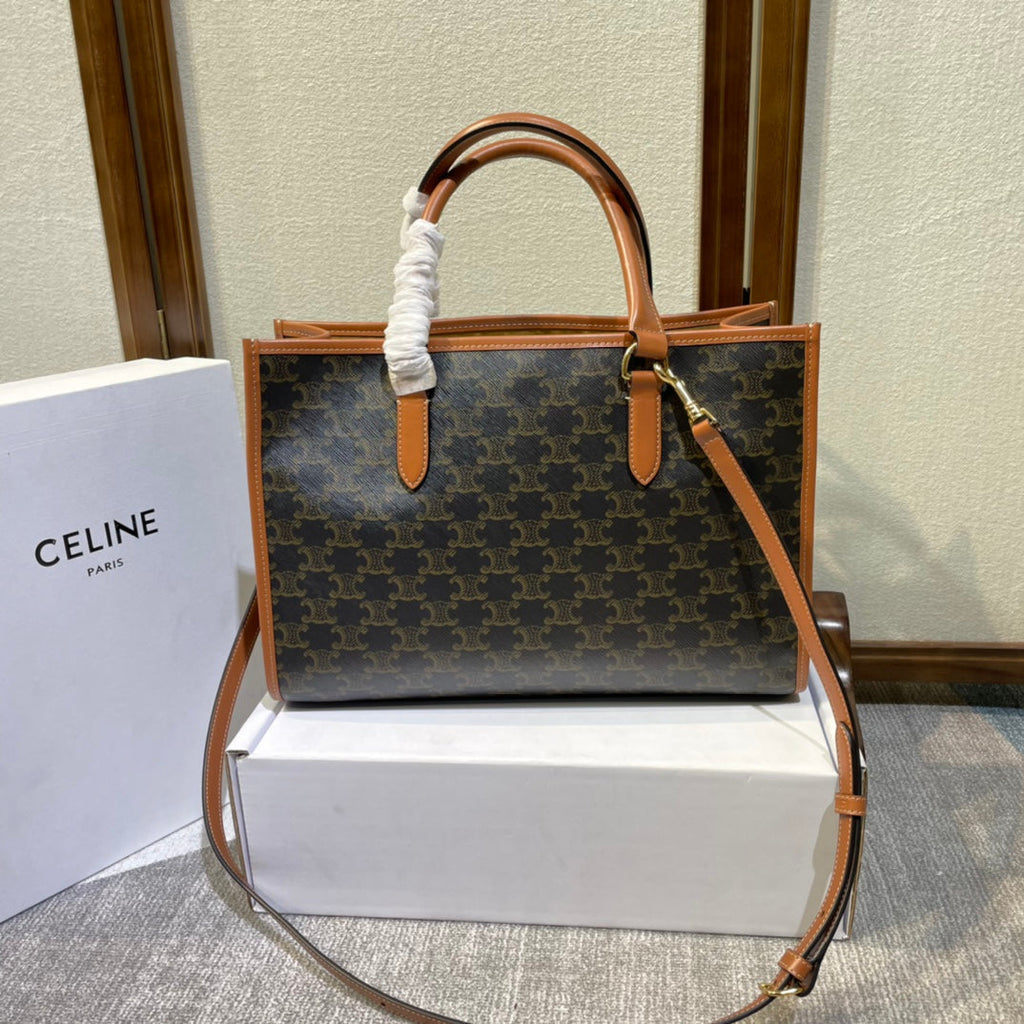 CELINE 25S HORIZONTAL CABAS 34MM IN BLACK TRIOMPHE CANVAS AND BROWN CALFSKIN