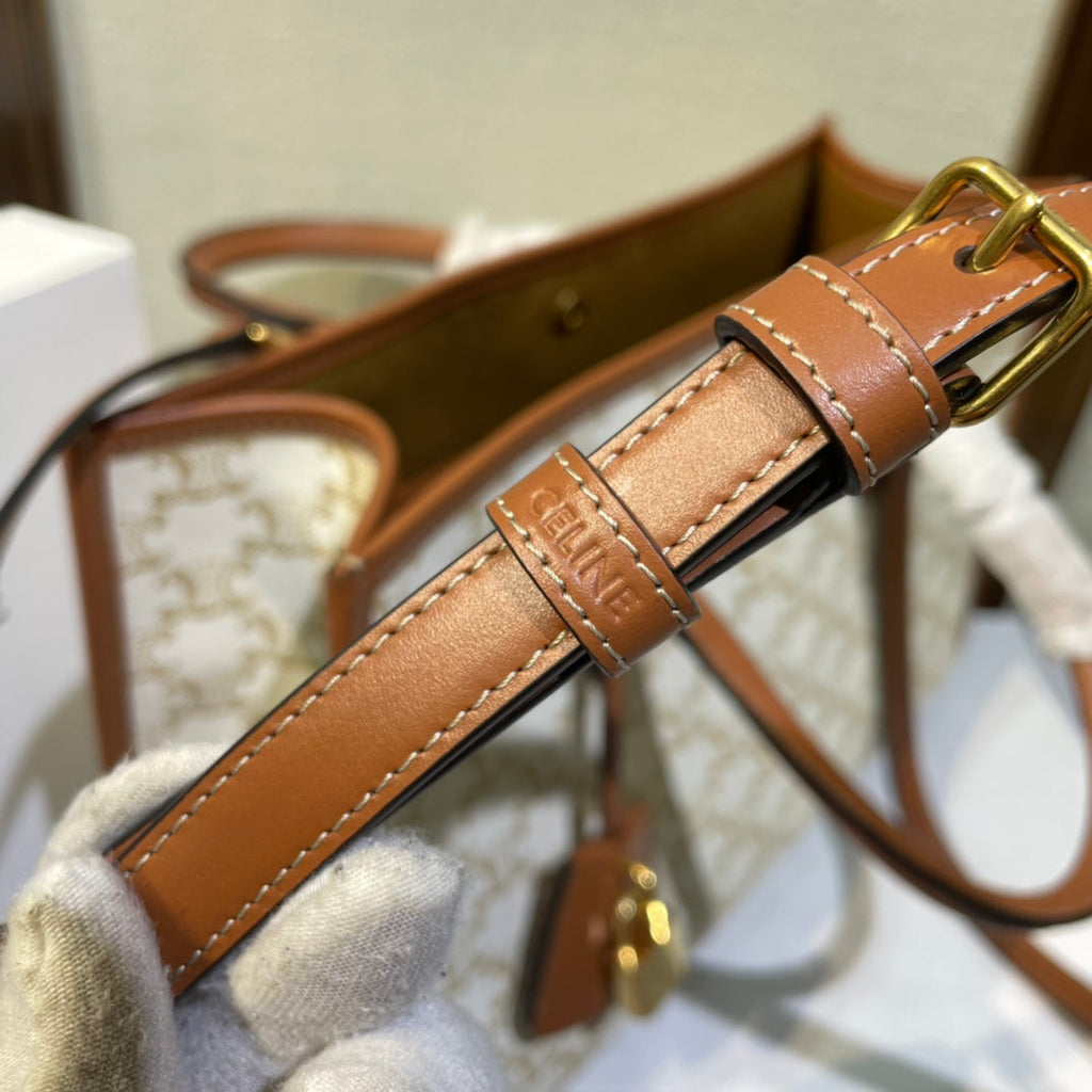 CELINE 25S HORIZONTAL CABAS 34MM IN WHITE TRIOMPHE CANVAS AND BROWN CALFSKIN