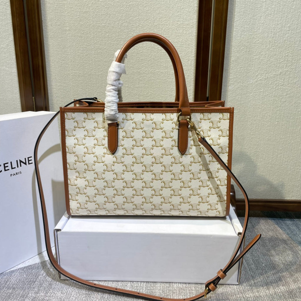 CELINE 25S HORIZONTAL CABAS 34MM IN WHITE TRIOMPHE CANVAS AND BROWN CALFSKIN
