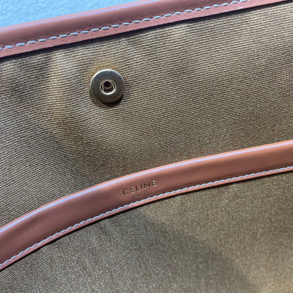 CELINE 25S HORIZONTAL CABAS 34MM IN WHITE TRIOMPHE CANVAS AND BROWN CALFSKIN
