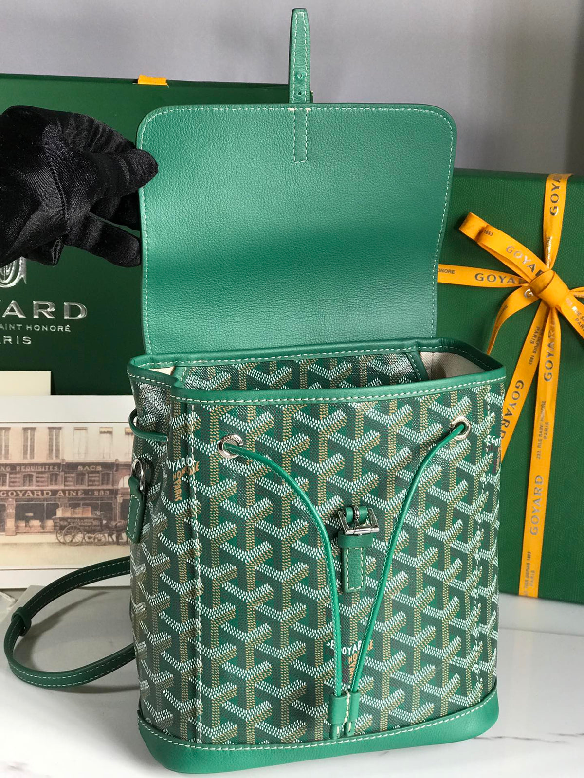 ALPIN MINI BACKPACK 21 IN GREEN LAMBSKIN AND GOYARDINE CANVAS