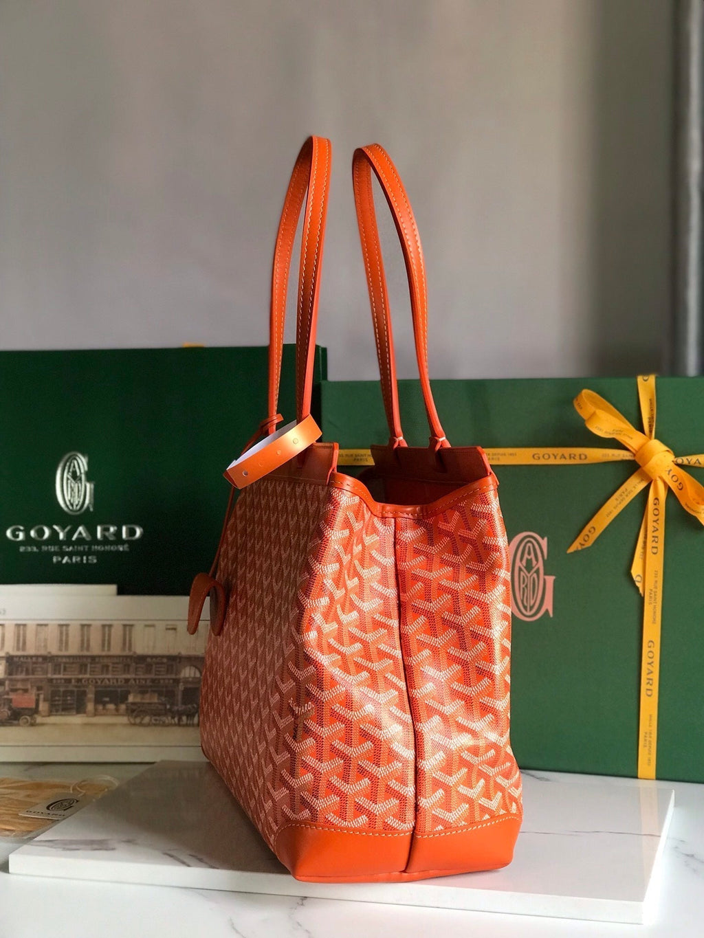 BELLECHASSE BIAUDE PM BAG 36 IN ORANGE GOYARDINE CANVAS AND CALFSKIN TRIM