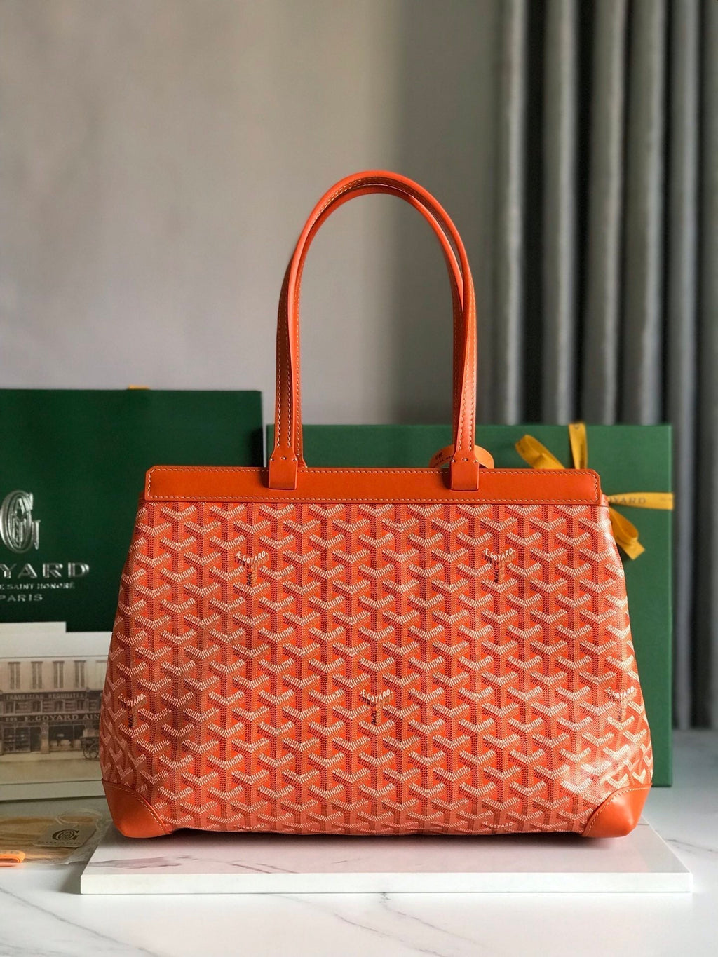 BELLECHASSE BIAUDE PM BAG 36 IN ORANGE GOYARDINE CANVAS AND CALFSKIN TRIM