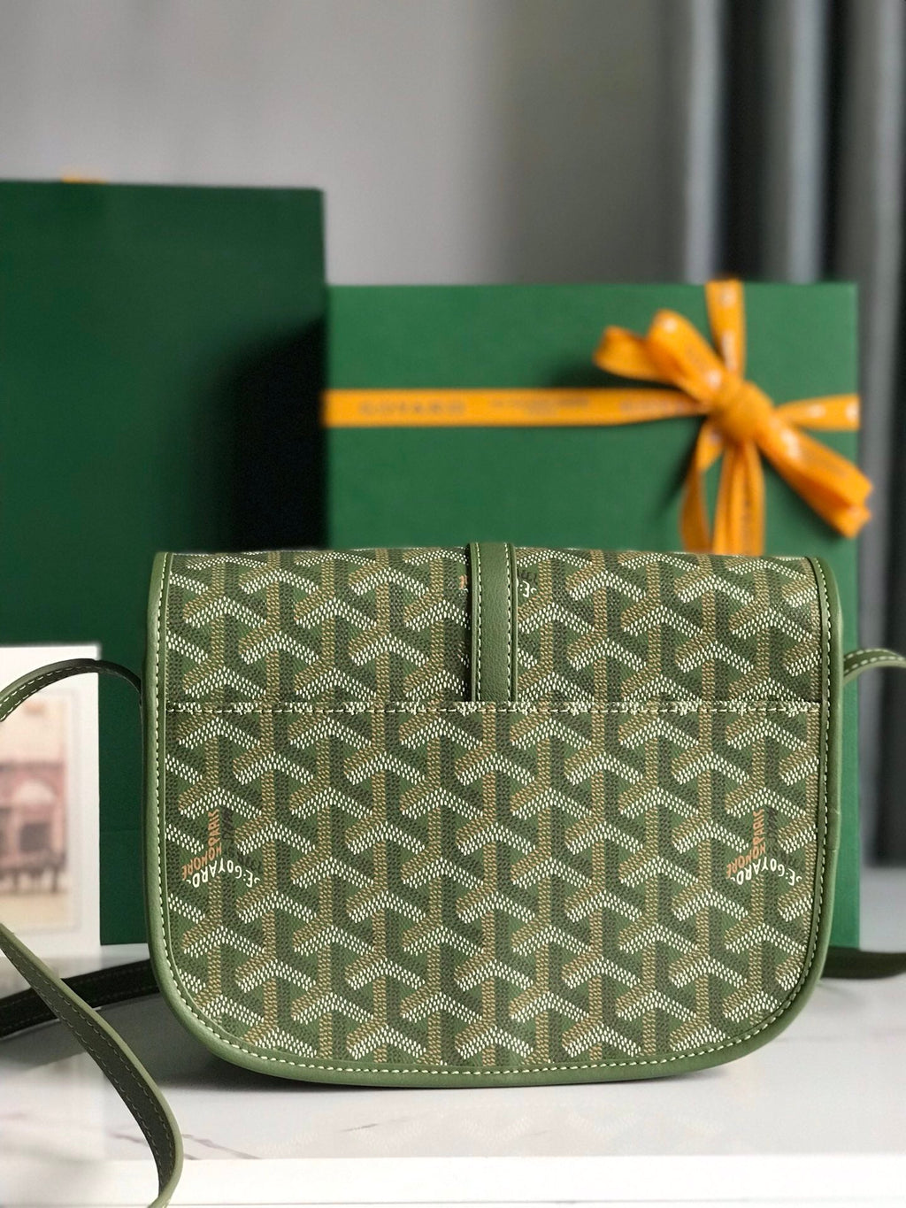 BELVEDERE MM BAG 21 IN GREEN GOYARDINE CANVAS AND CALFSKIN