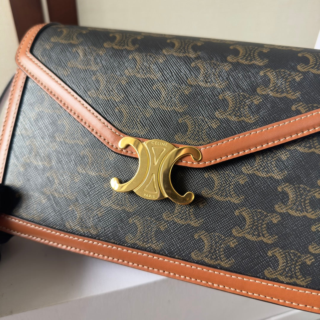 CELINE 25S WALLET MARGO 22MM IN BLACK TRIOMPHE CANVAS AND BROWN CALFSKIN