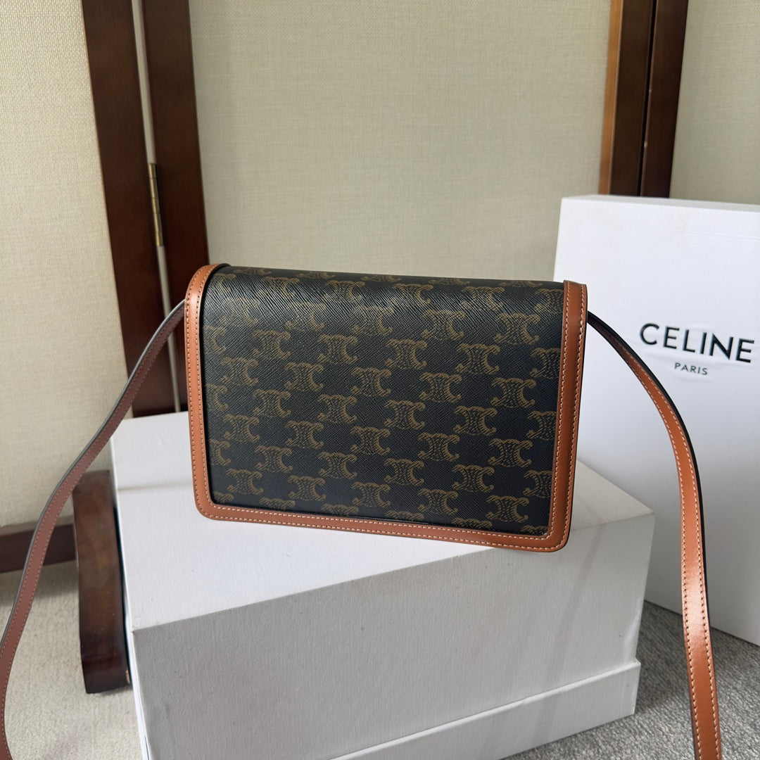 CELINE 25S WALLET MARGO 22MM IN BLACK TRIOMPHE CANVAS AND BROWN CALFSKIN