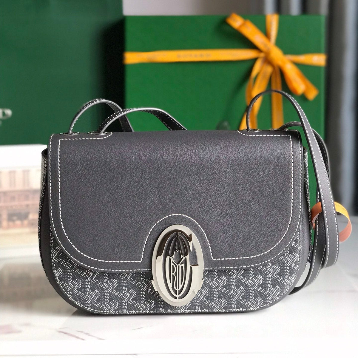 233 BAG 25 IN GRAY CALFKIN AND GOYARDINE CANVAS