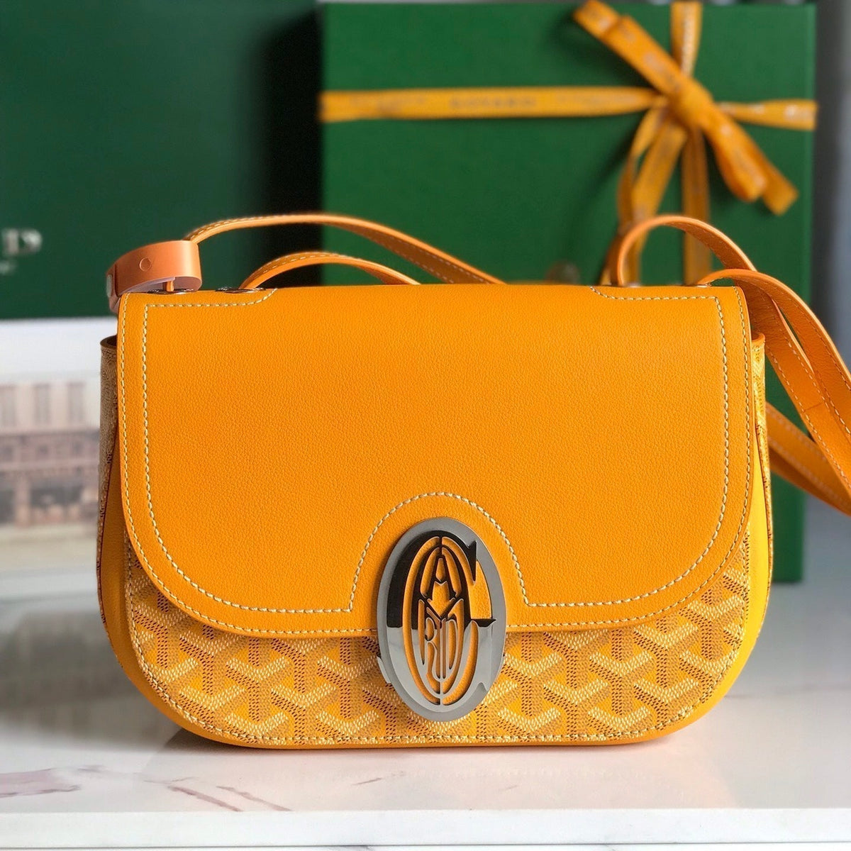 233 BAG 25 IN YELLOW CALFKIN AND GOYARDINE CANVAS