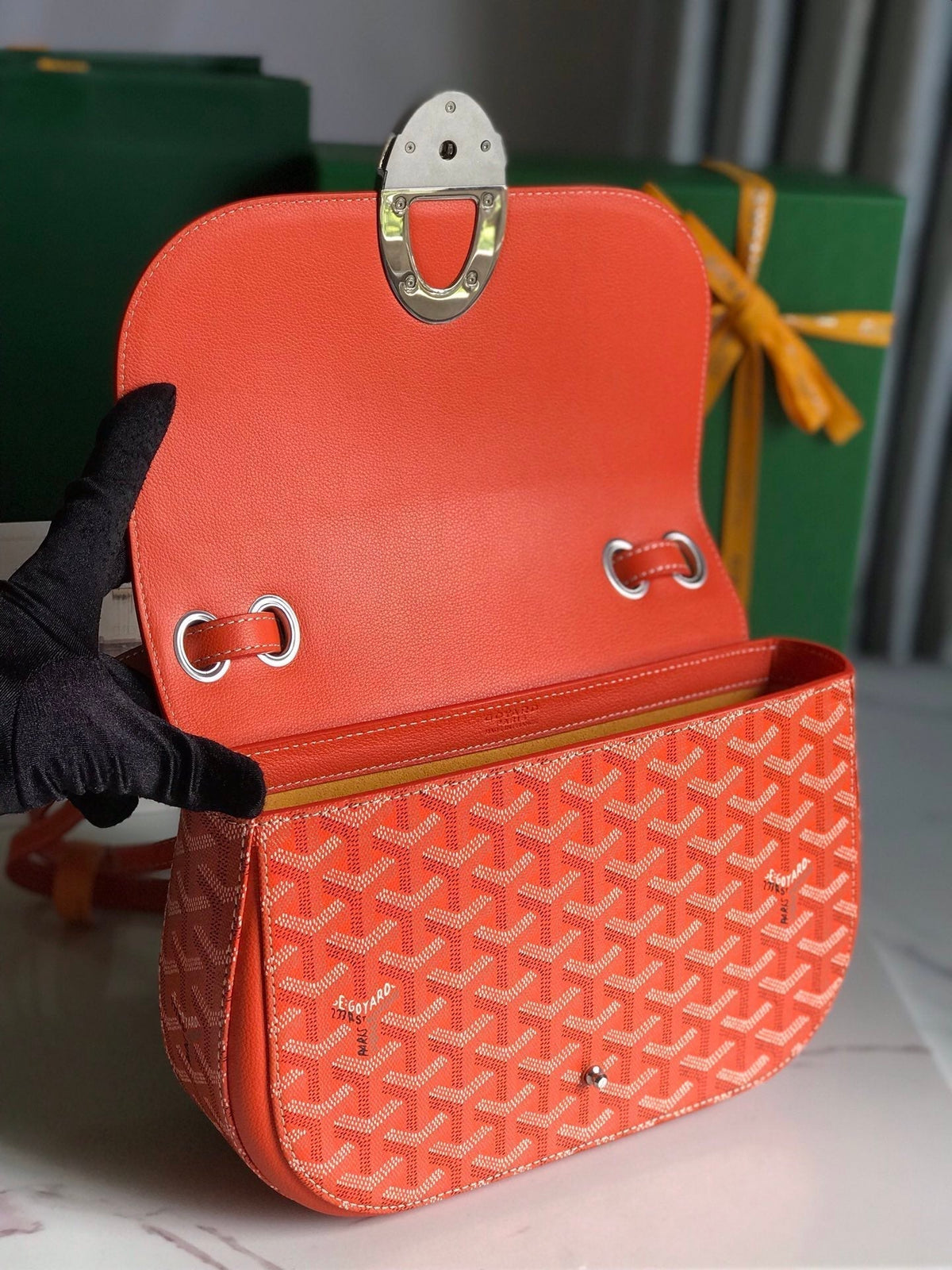 233 BAG 25 IN ORANGE CALFKIN AND GOYARDINE CANVAS