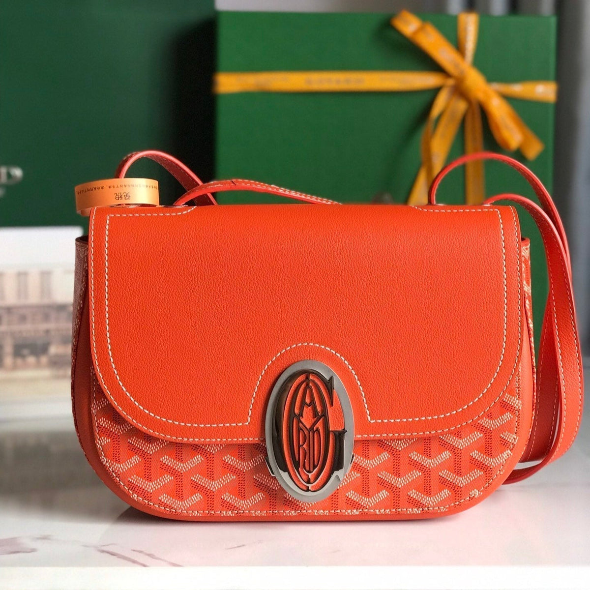 233 BAG 25 IN ORANGE CALFKIN AND GOYARDINE CANVAS