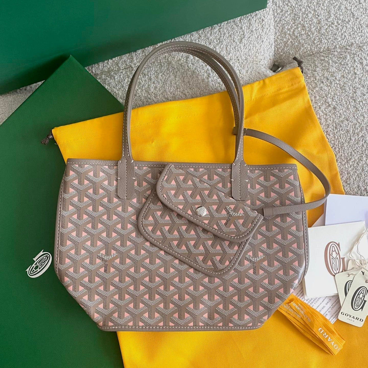 ANJOU MINI BAG 20 IN GREY MIX PINK GOYARDINE CANVAS AND CALFSKIN