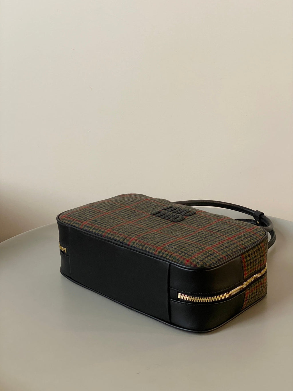 BEAU TOP HANDLE BAG 34 IN LODEN GREEN TARTAN AND BLACK LEATHER TRIM