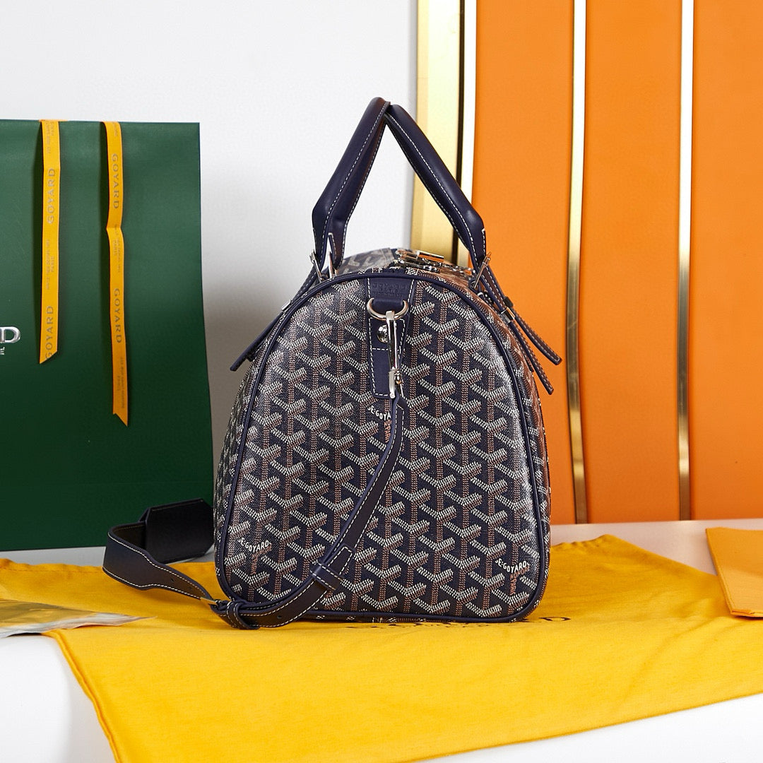 BOSTON 45 BAG IN NAVY BLUE GOYARDINE CANVAS AND CALFSKIN TRIM