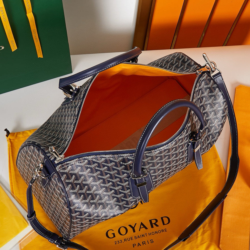 BOSTON 45 BAG IN NAVY BLUE GOYARDINE CANVAS AND CALFSKIN TRIM