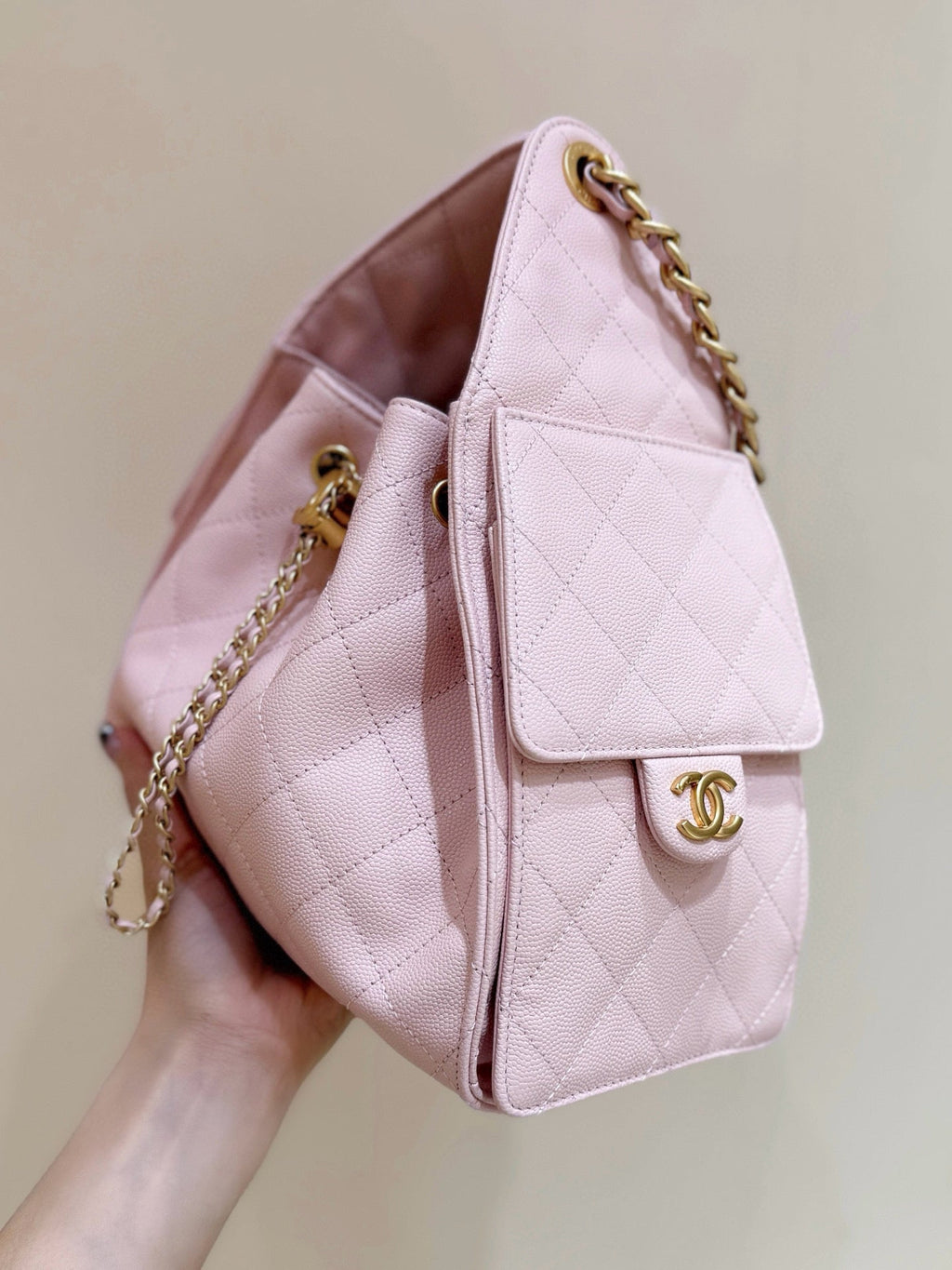 CHANEL 25 MEDIUM HANDBAG IN PASTEL PINK CALFSKIN WITH GOLD HARDWARE