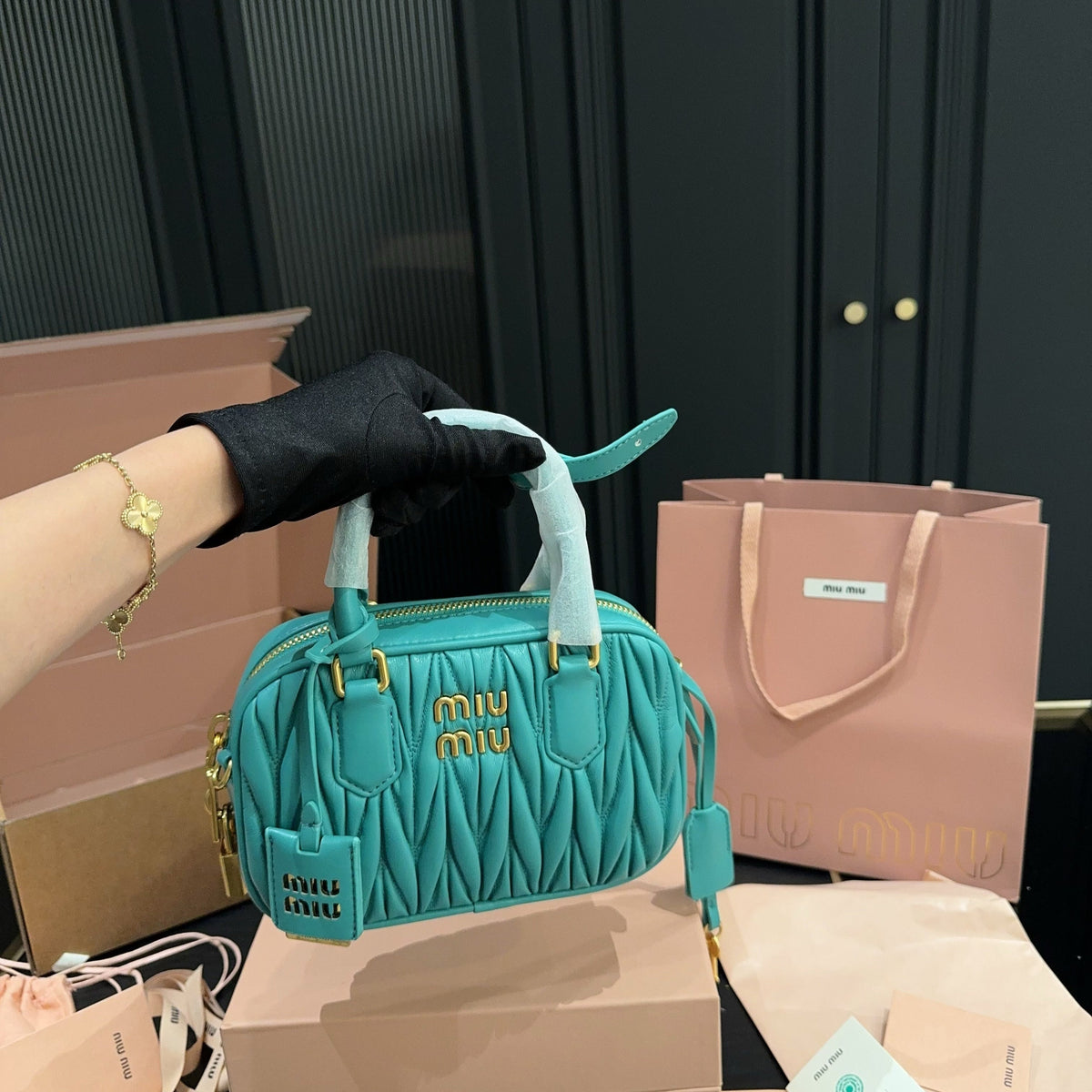 ARCADIE MATELASSÉ BAG 20 IN HIPPIE BLUE LAMBSKIN GOLD HARDWARE