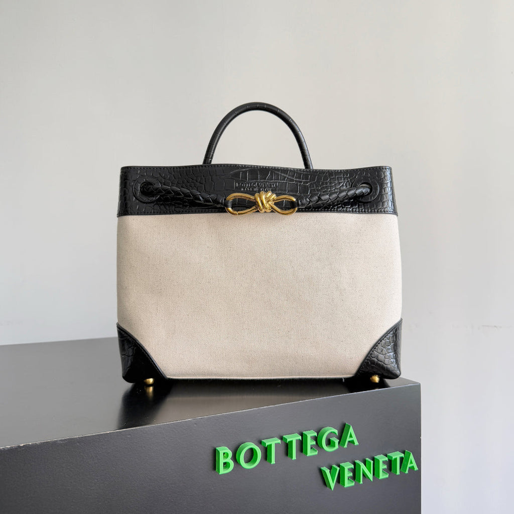 BOTTEGA VENETA 25S MEDIUM ANDIAMO 32 IN IVORY BLACK CALFSKIN AND CANVAS