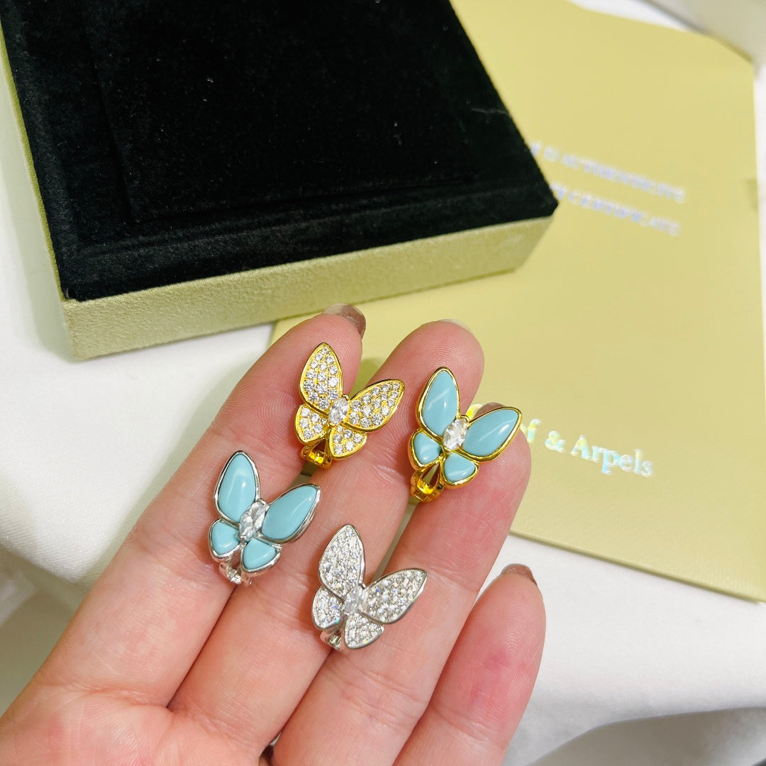 18K Two Butterfly Turquoise Earrings