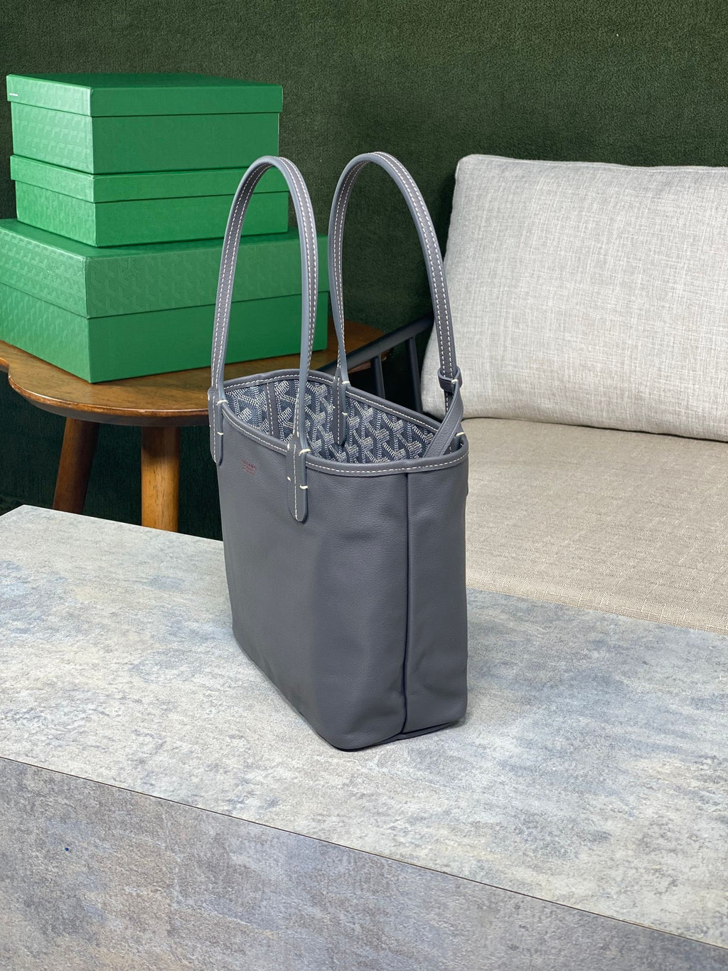 ANJOU MINI BAG 20 IN GREY GOYARDINE CANVAS AND CALFSKIN