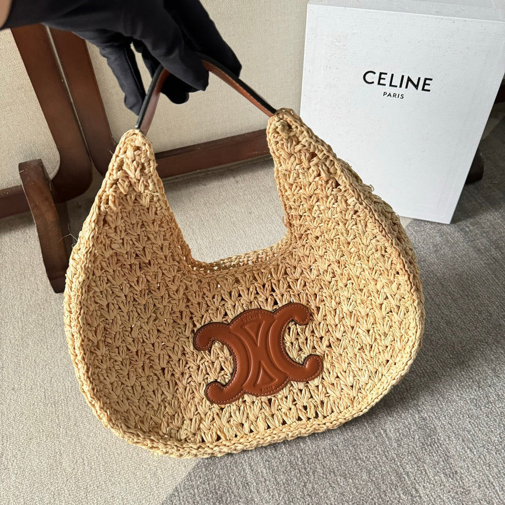 CELINE PANIER HOBO BAG 33 IN RAFFIA AND CALFSKIN LOGO BROWN