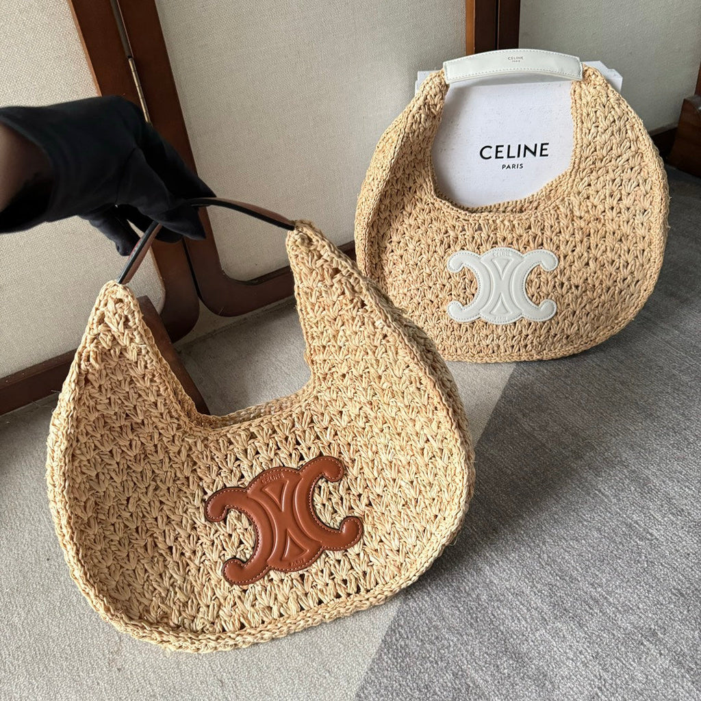 CELINE PANIER HOBO BAG 33 IN RAFFIA AND CALFSKIN LOGO BROWN