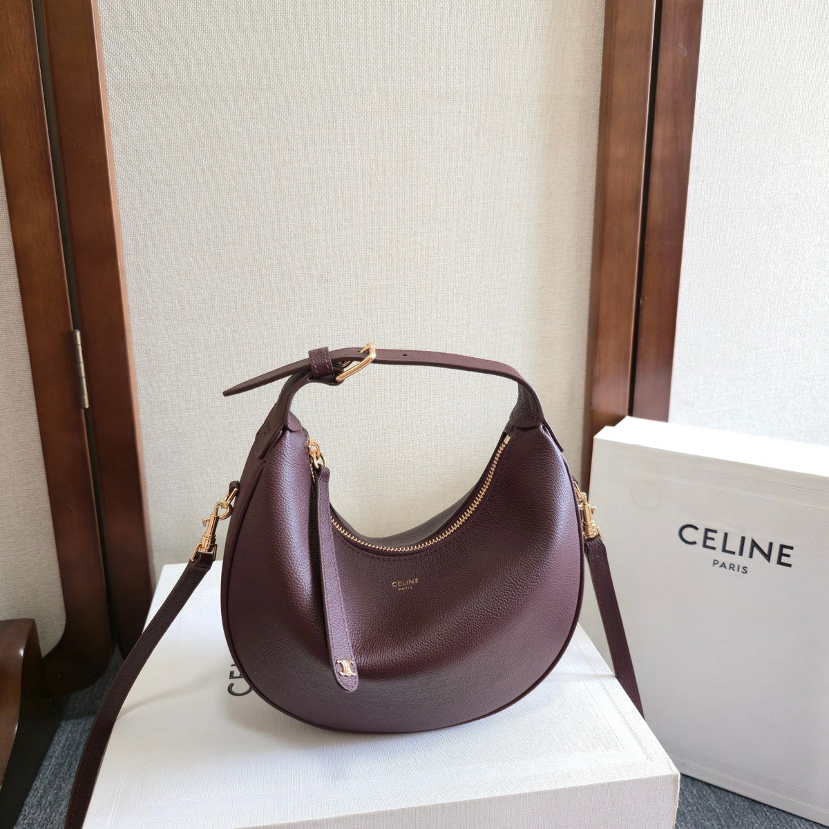 CELINE 25S TEEN LULU BAG 24MM IN SYRAH RED CALFSKIN GOLD HARDWARE