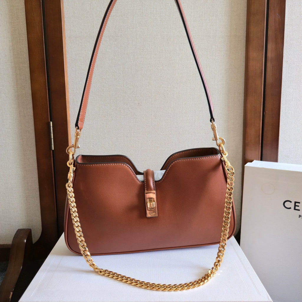 CELINE 25S SHOULDER CAMILLE 16 SOFT 27MM IN BROWN CALFSKIN GOLD HARDWARE