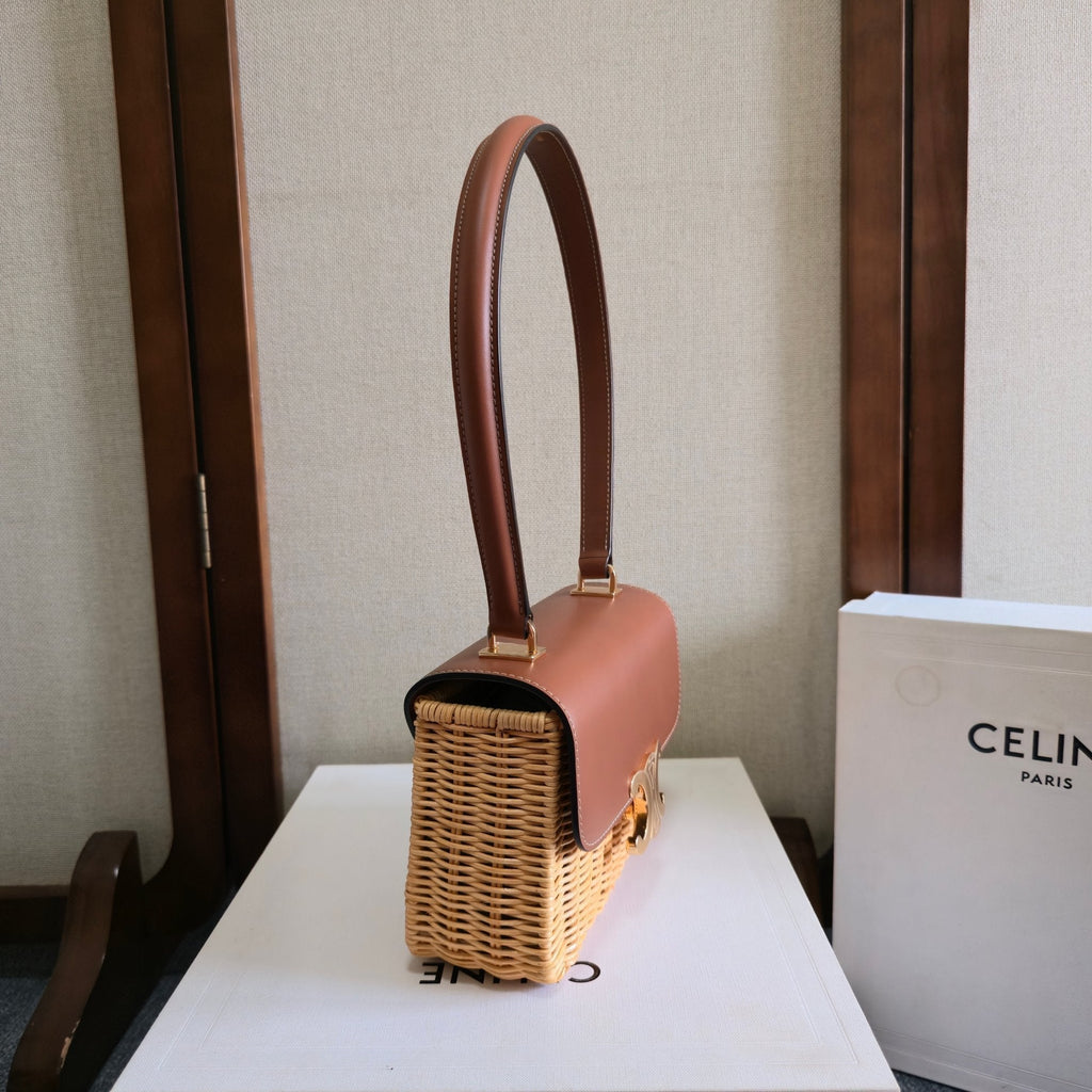 CELINE 25S TEEN GARANCE BAG 18 IN WICKER AND CARAMEL BROWN CALFSKIN