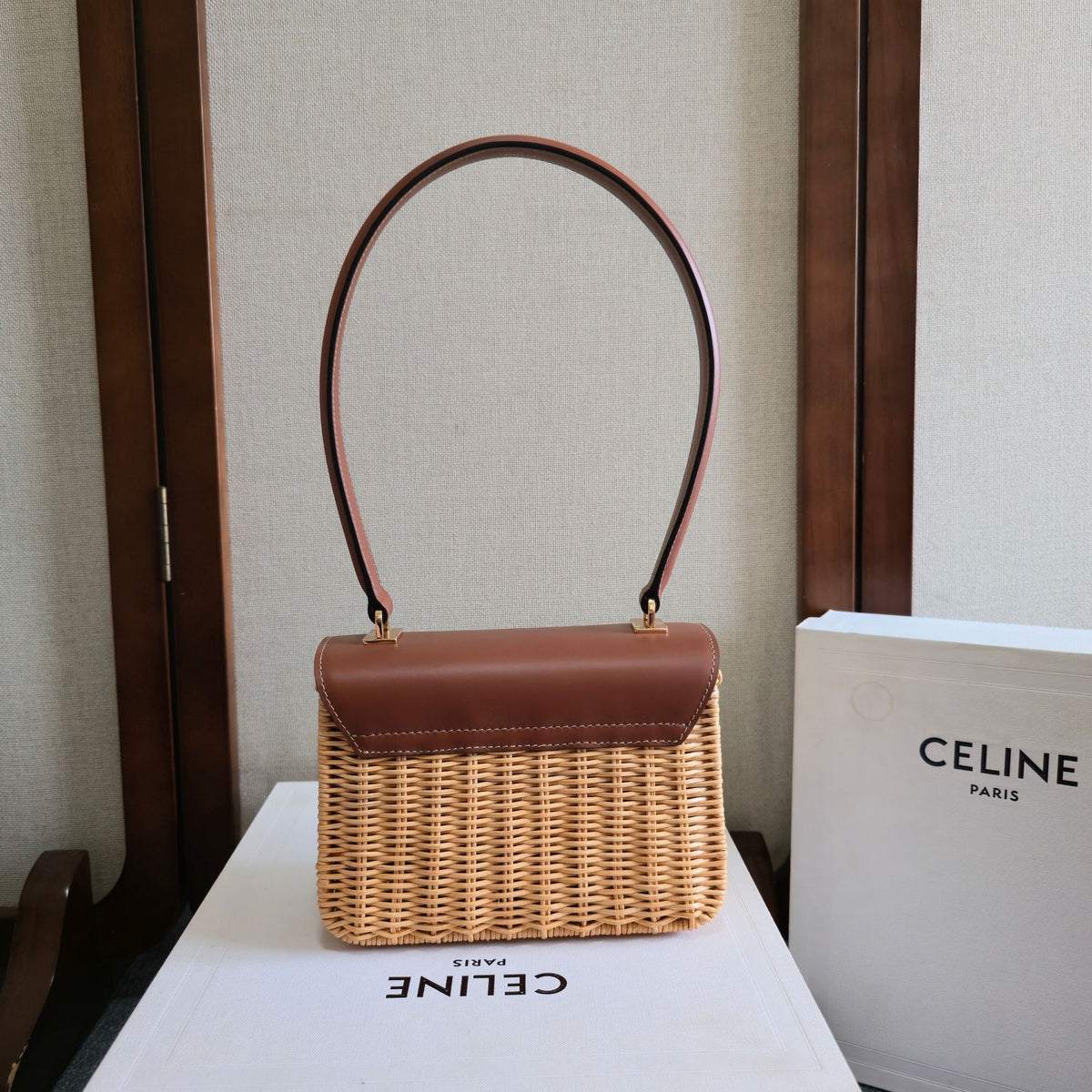 CELINE 25S TEEN GARANCE BAG 18 IN WICKER AND CARAMEL BROWN CALFSKIN
