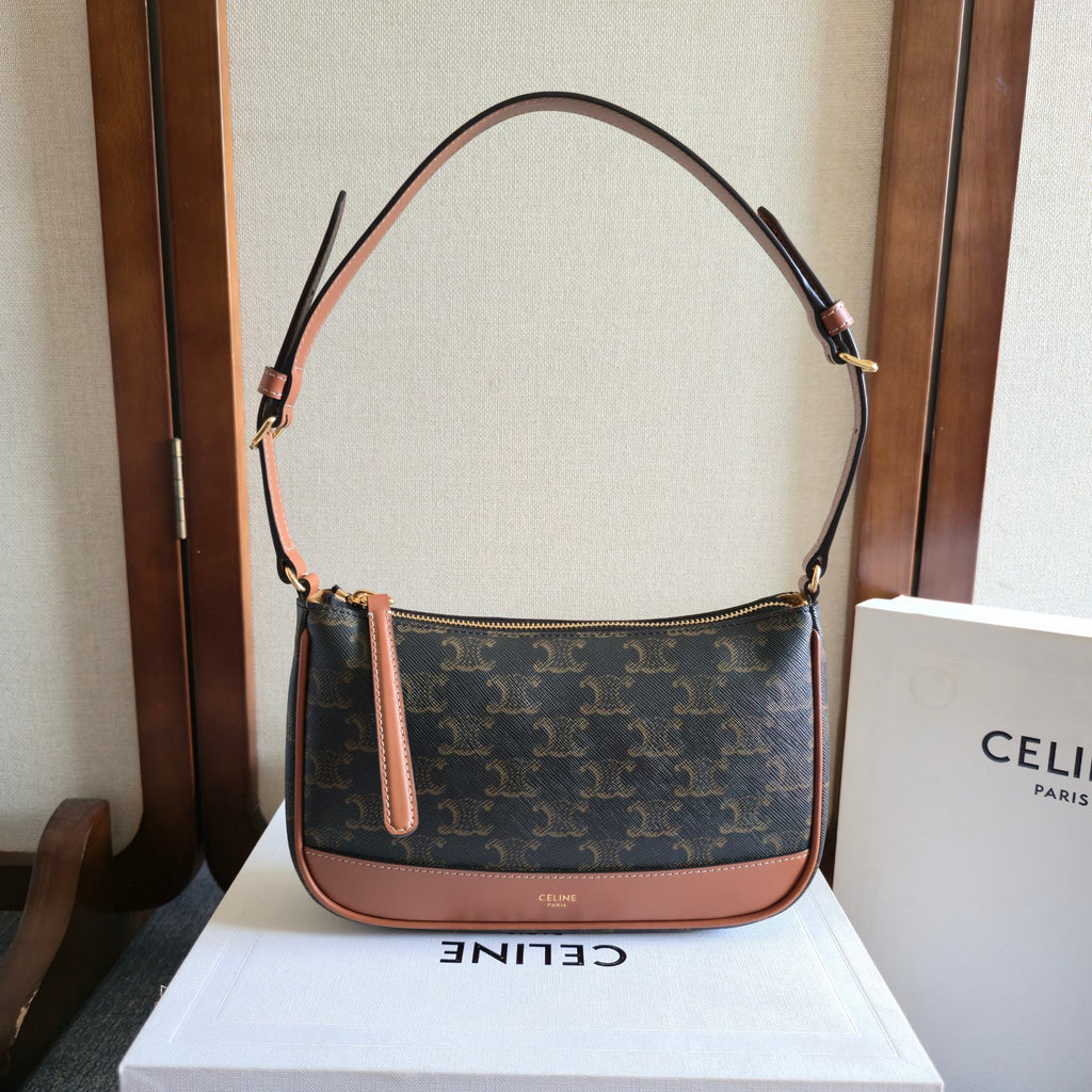 CELINE 25S SHOULDER BAG 21MM IN BLACK TRIOMPHE CANVAS AND BORWN CALFSKIN