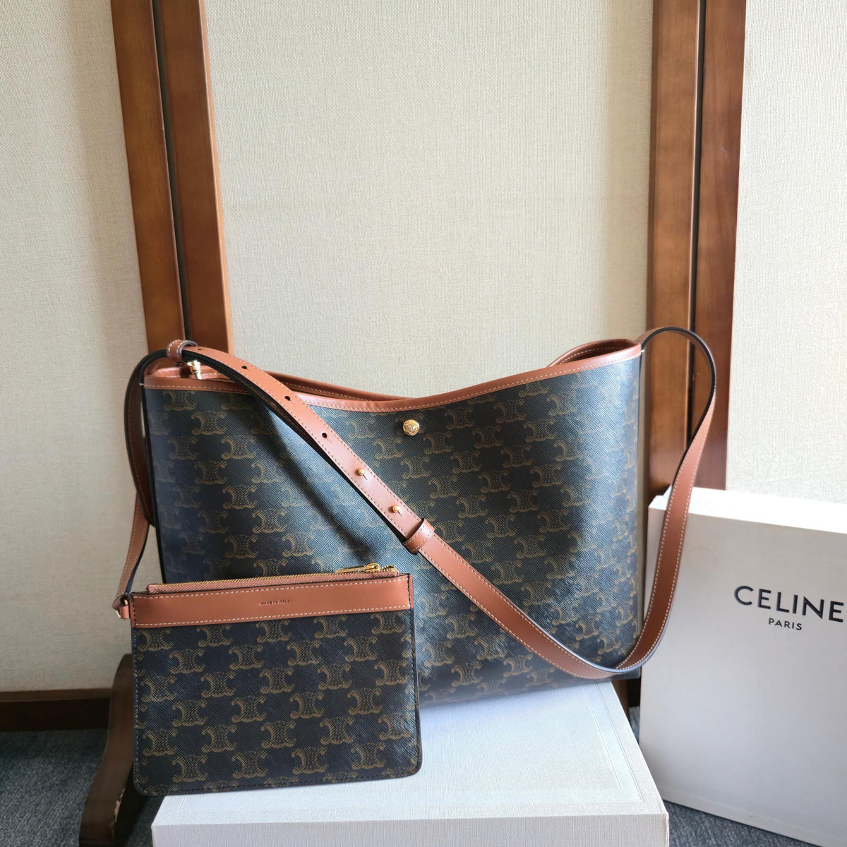 CELINE 25S SOFT SHOPPER BAG 32 IN BLACK TRIOMPHE CANVAS AND BROWN CALFSKIN