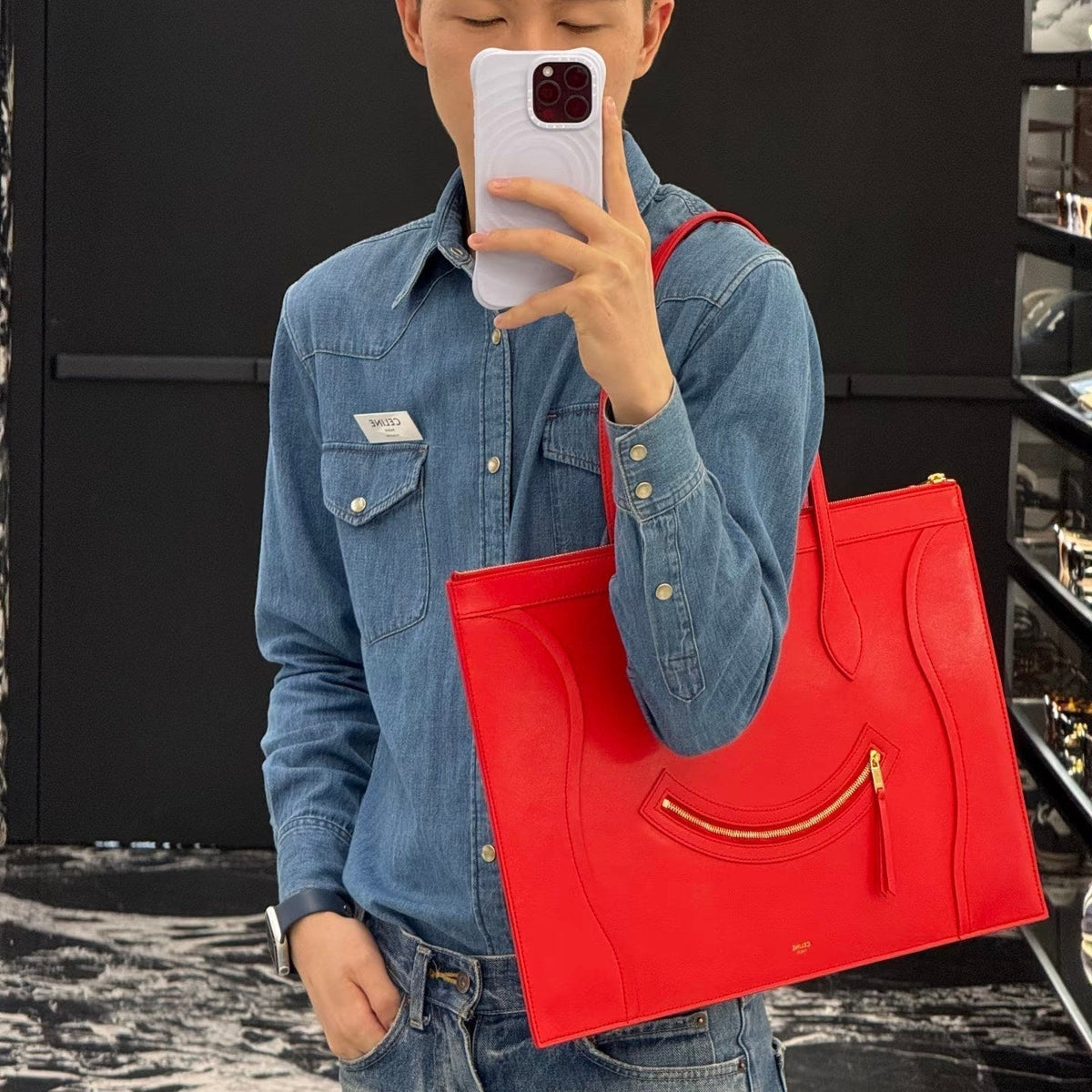 CELINE 25S FLAT CABAS NEW LUGGAGE 44MM IN RED GLOSSY CALFSKIN
