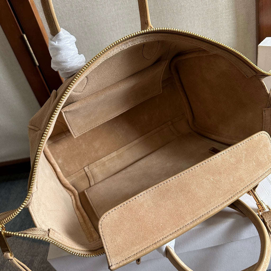 CELINE 25S NEW LUGGAGE 36MM IN BEIGE SUEDE GOLD HARDWARE