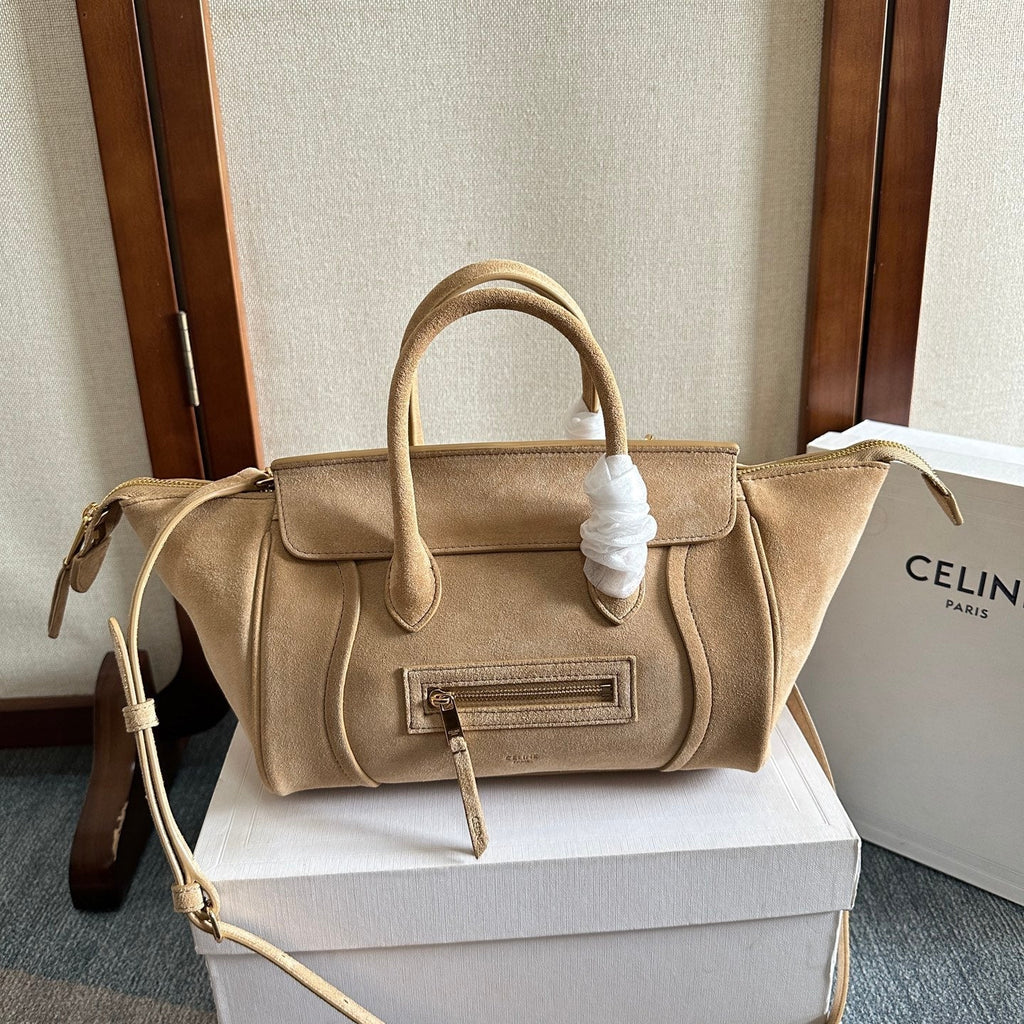 CELINE 25S NEW LUGGAGE 36MM IN BEIGE SUEDE GOLD HARDWARE
