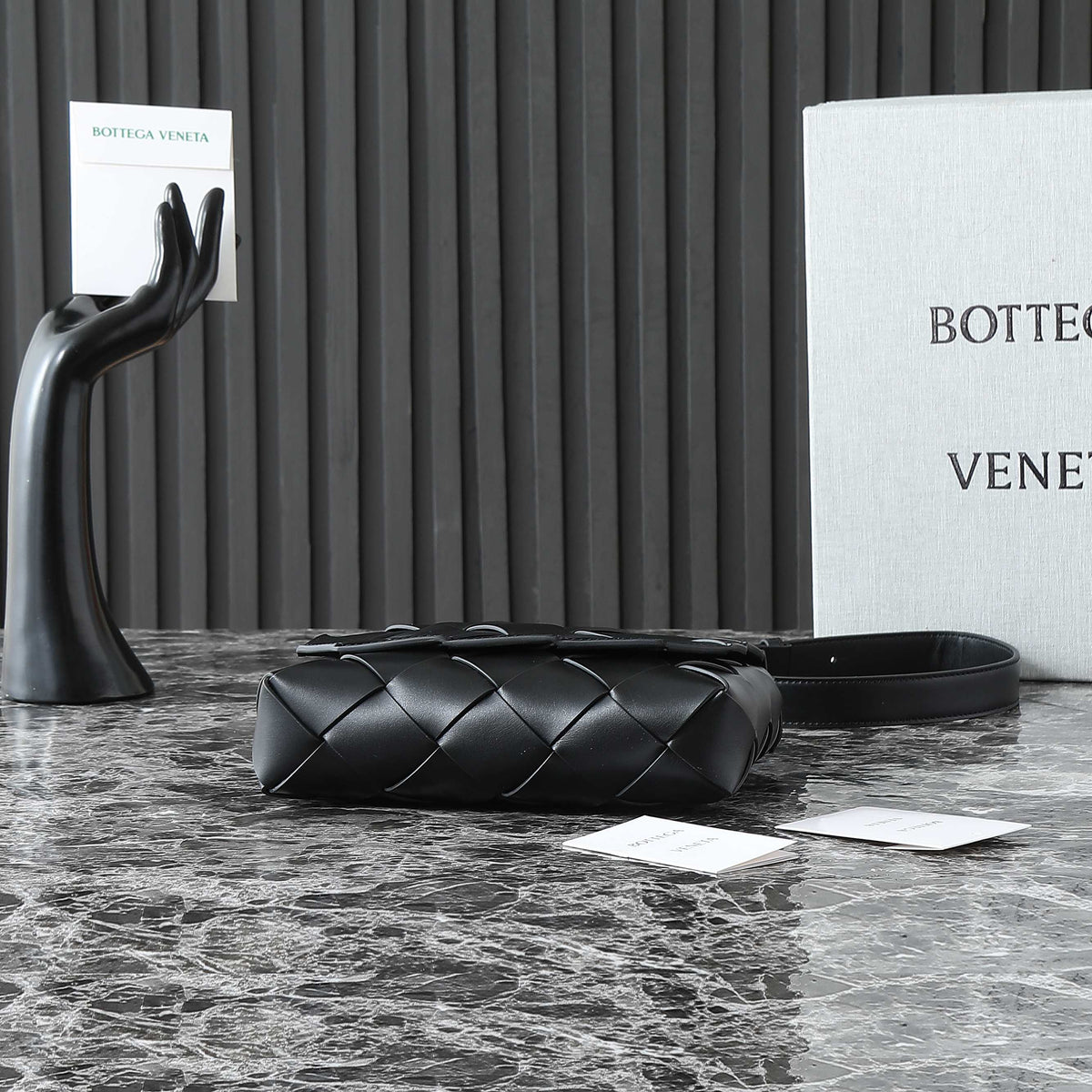 BOTTEGA VENETA 25S DIAGO 22 IN BLACK CALFSKIN PATENT SILVER HARDWARE