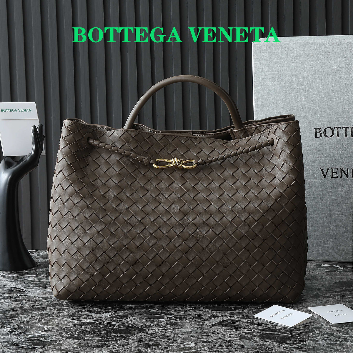 BOTTEGA VENETA 25S LARGE ANDIAMO 42 IN DARK BROWN CALFSKIN GOLD HARDWARE