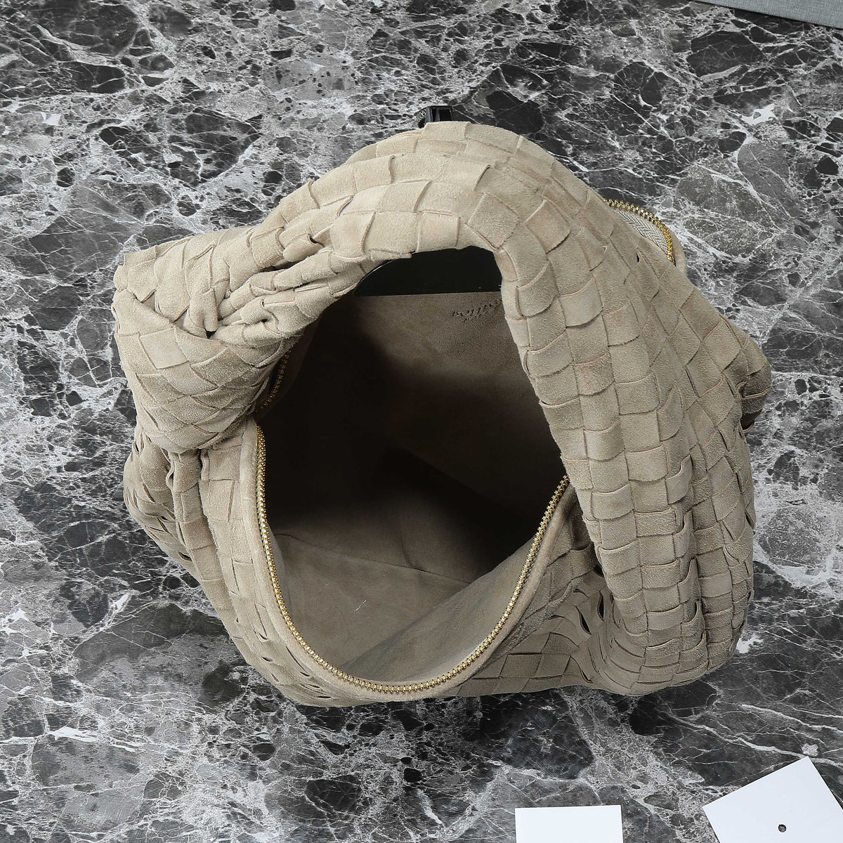 BOTTEGA VENETA 25S SMALL JODIE 36 IN MUTED TAUPE SUEDE GOLD HARDWARE