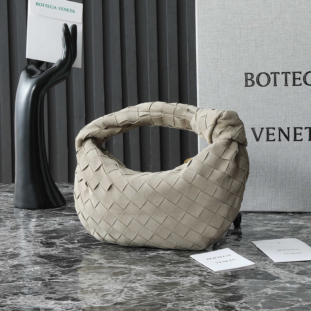 BOTTEGA VENETA 25S MINI JODIE 28 IN MUTED TAUPE SUEDE GOLD HARDWARE