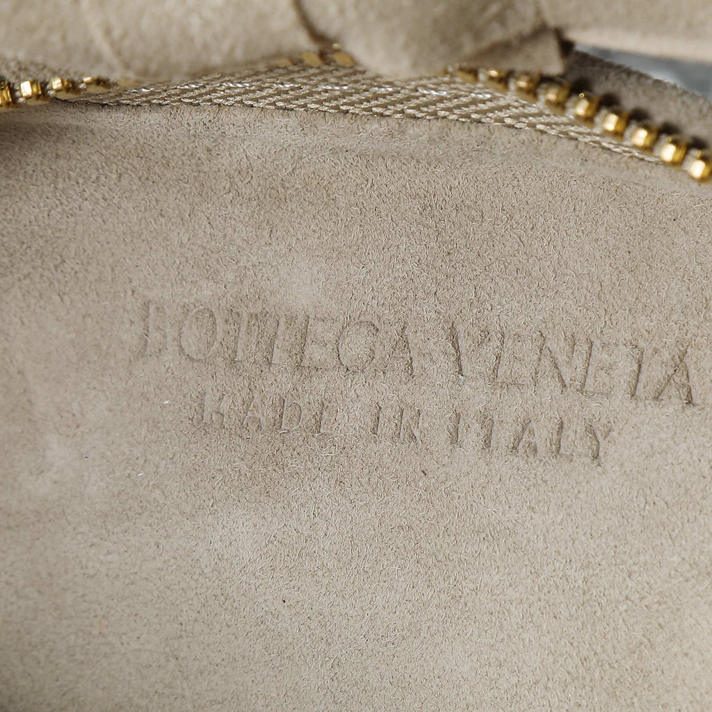 BOTTEGA VENETA 25S MINI JODIE 28 IN MUTED TAUPE SUEDE GOLD HARDWARE