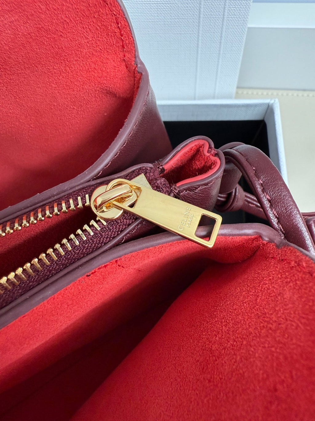 CELINE 25S TRIO FLAP 22MM IN DARK RED SMOOTH LAMBSKIN GOLD HARDWARE