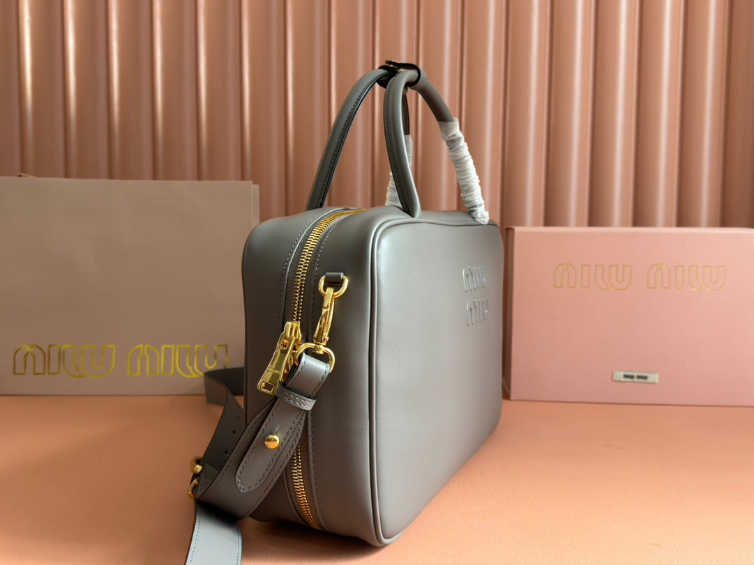 BEAU TOP HANDLE BAG 34 IN DARK GREY SMOOTH CALFSKIN