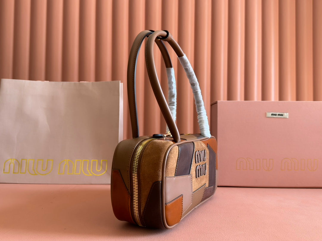 BEAU TOP HANDLE BAG 28 IN COGNAC LEATHER PATCHWORK