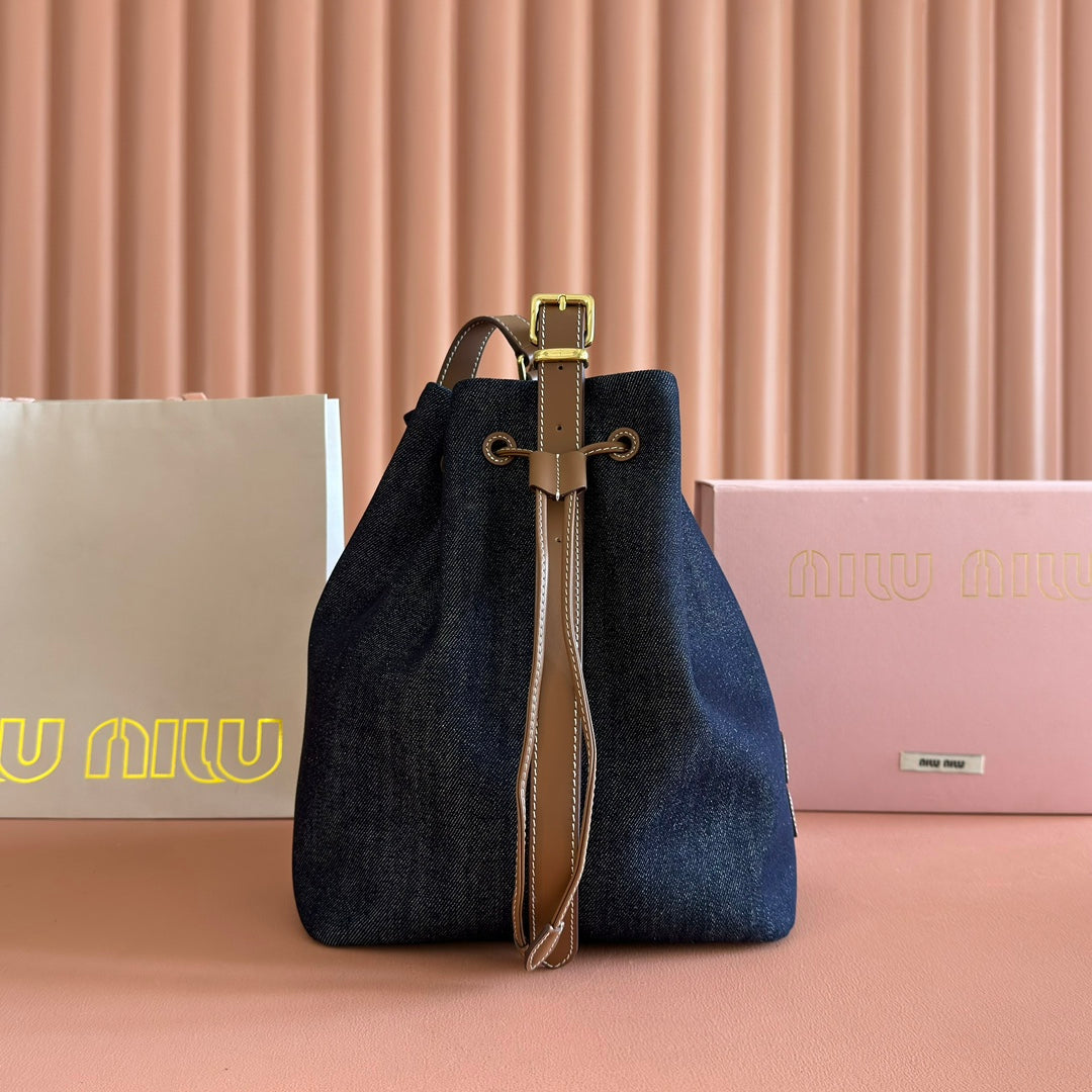 BUCKET BAG 29 DENIM BLUE AND BRANDY IN CANVAS