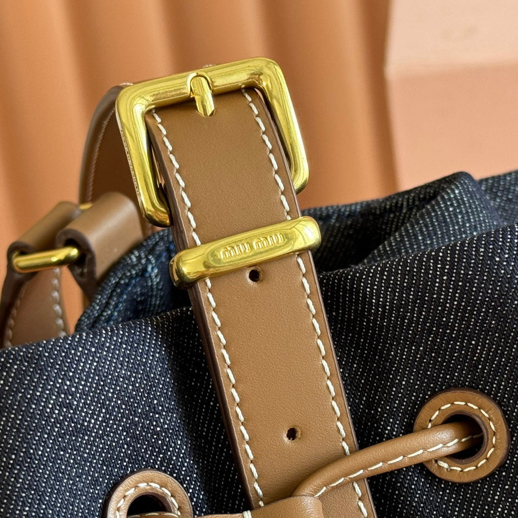 BUCKET BAG 29 DENIM BLUE AND BRANDY IN CANVAS