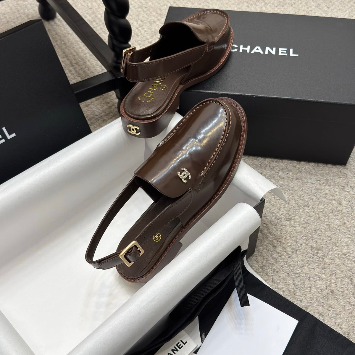 CHANEL 25C Slingback Loafer Chocolate Patent Leather