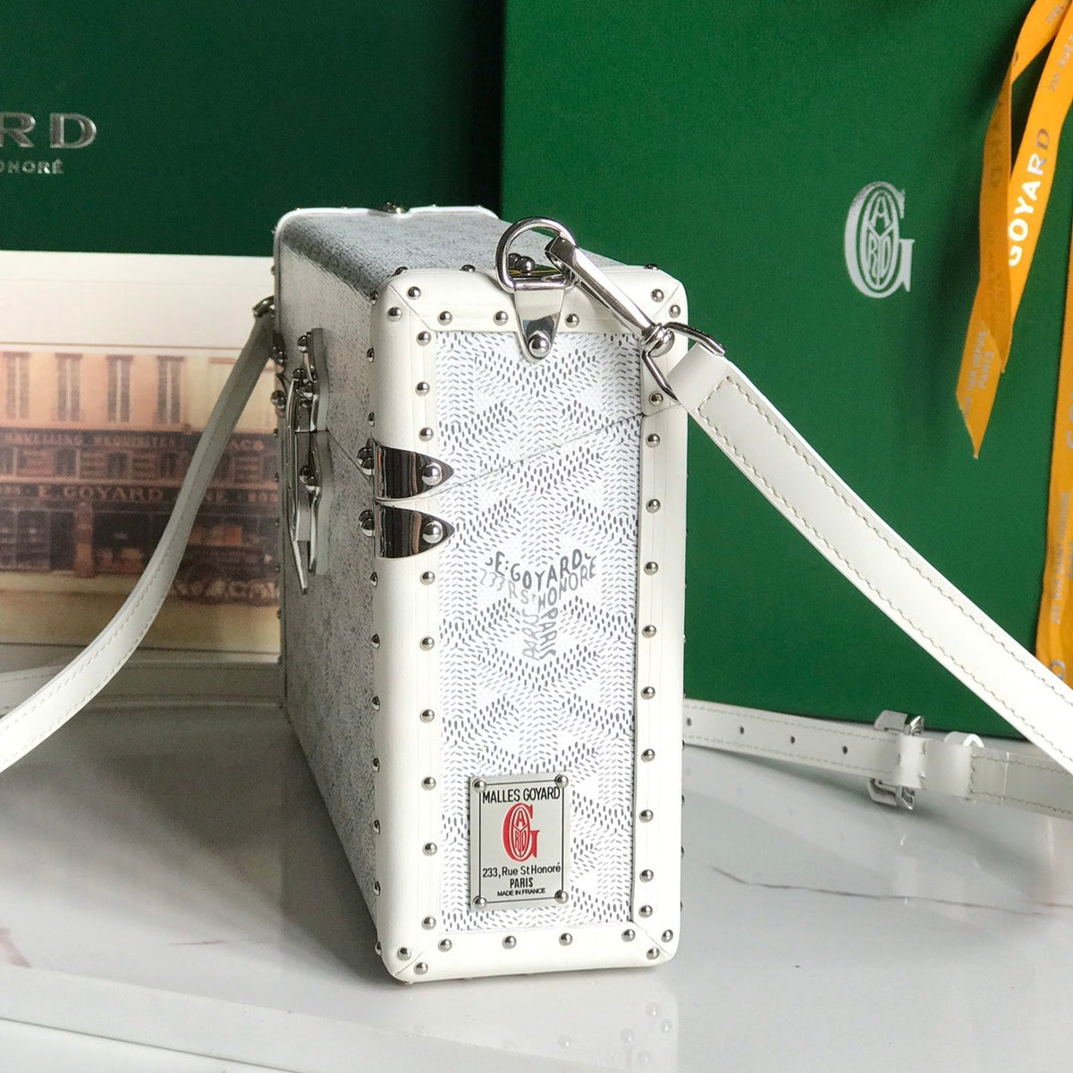 CASSETTE TRUNK BAG 21 IN WHITE GOYARDINE CANVAS & CLAMECY COWHIDE